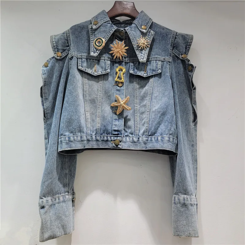 WTHT New Fashion Women's Metal Buckle Hollow Out Shoulder Denim Short Jacket 2026 Spring Trendy Long Sleeves Coat Female 1LS2851