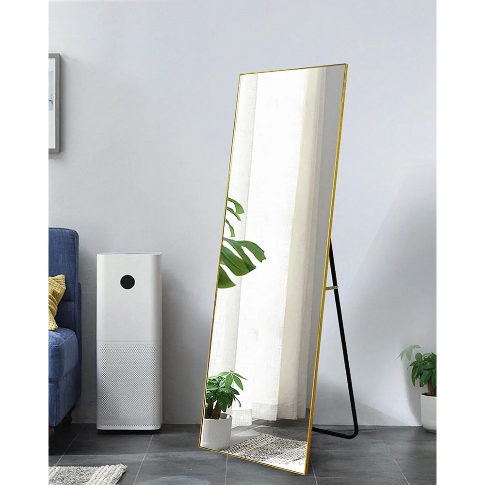 Goldfarbener Ganzkörper-Wandspiegel mit Ständer für Schlafzimmer und Ankleidezimmer, 64 x 21, ideal für die Ganzkörperansicht