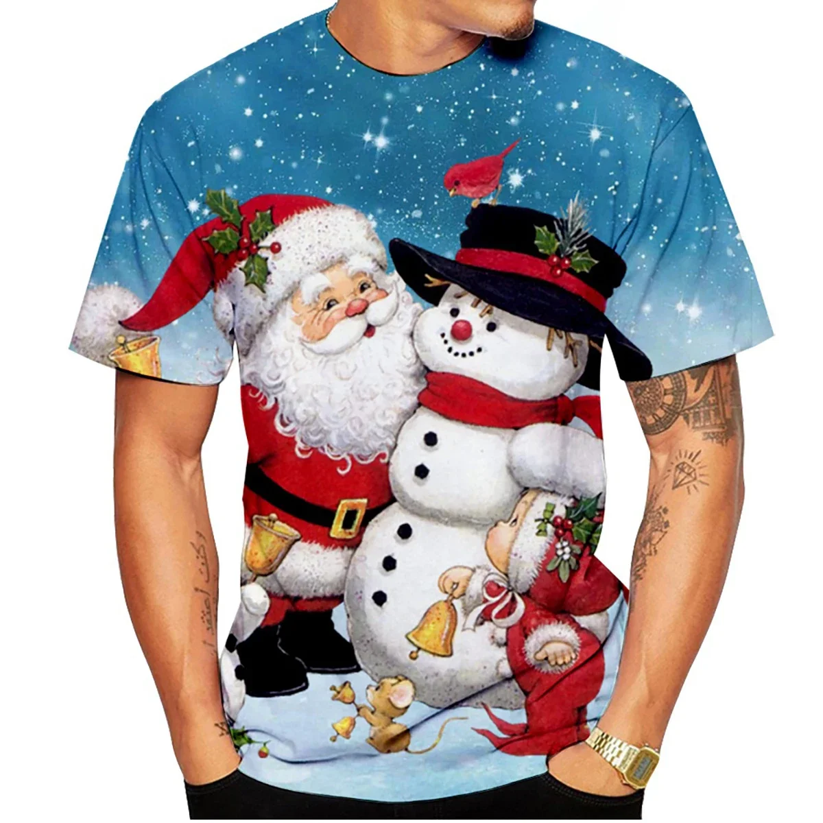 تي شيرت عيد الميلاد للجنسين مطبوع ثلاثي الأبعاد - نمط كرتوني سانتا كلوز، بلوزة كاجوال بأكمام قصيرة للرجال والنساء #3