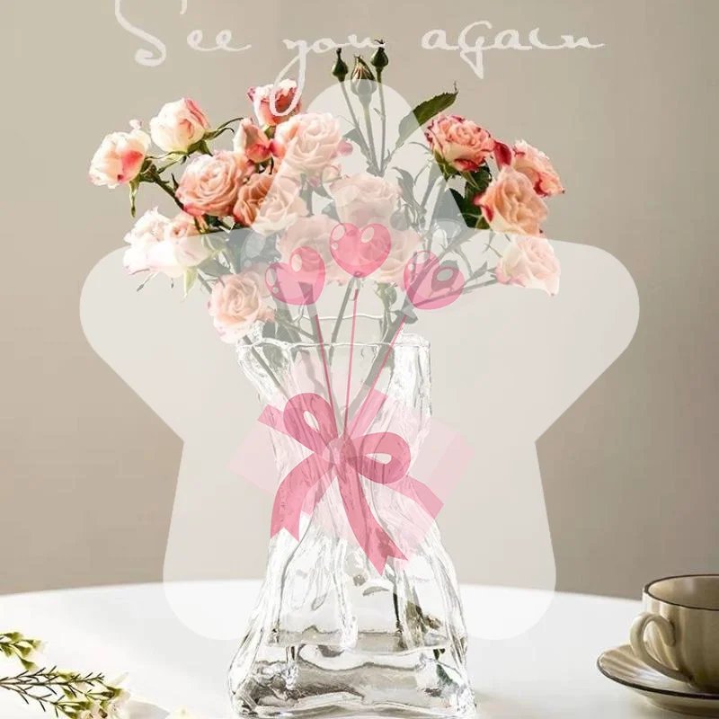 Clear Glass Flower Vase Artistic Crinkled Irregular Glossy Design for Side Table Living Room Shelf Tabletop Ornament