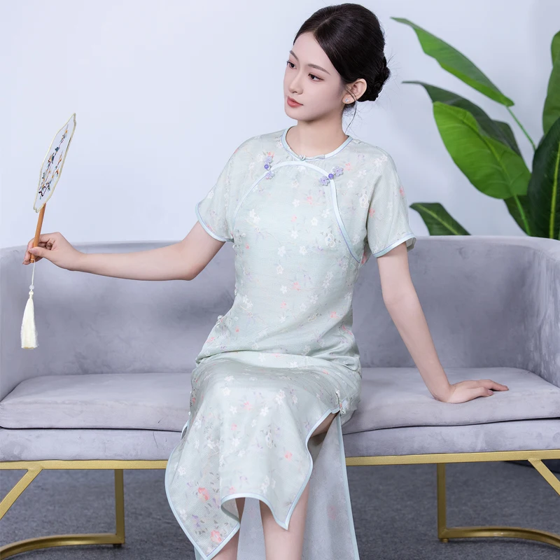 

Ele Long Silk Dr Женская летняя винтажная традиционная облегающая повседневная одежда с двойными лацканами ort Sve Floral Pat...