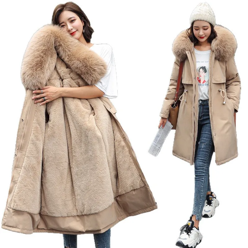 

FL Зимняя куртка 2025 Новая женская парка Одежда Длинное пальто Шерстяная подкладка Куртка с капюшоном Хутряный воротник Толстая теплая зимняя одежда Стеганая парка