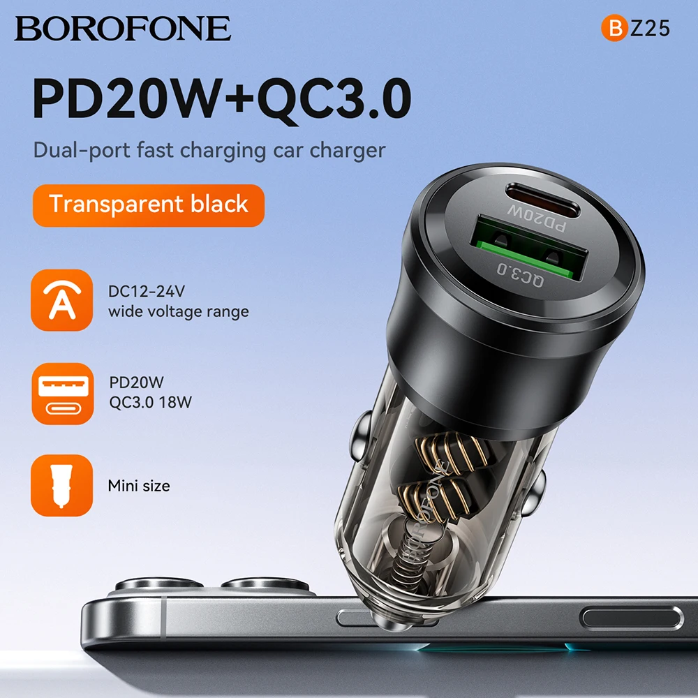 

BOROFONE BZ25 PD38W Car Charger Fast Charger For Mobile Phone Cigaret Socket USB C Quick Adapter Auto Charging Head For iPhone