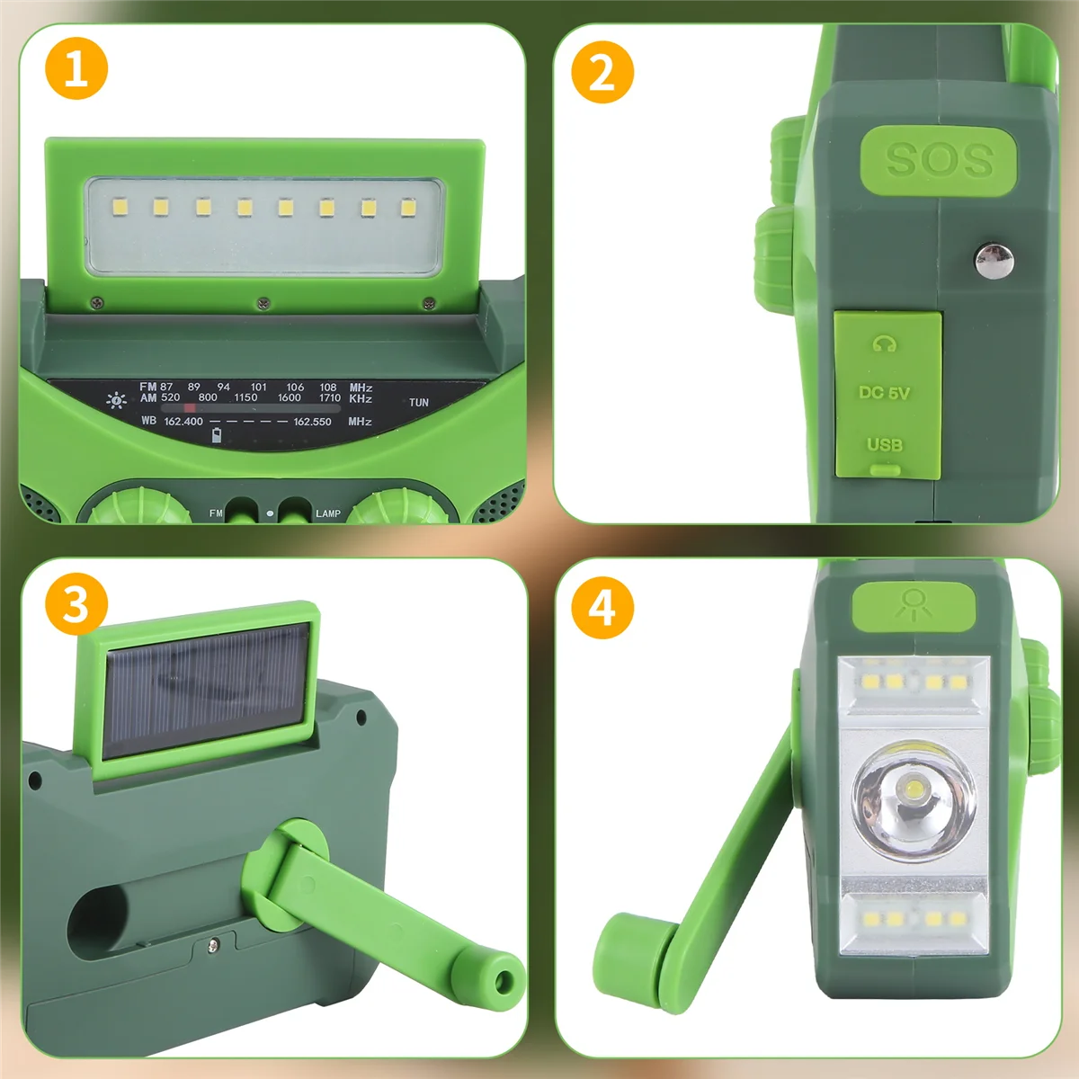 Radio d'urgence efficace 10000MAh, manivelle solaire avec chargeur, LED vert