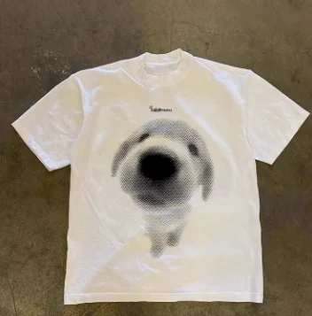 Vintage Y2K American Streetwear Oversized Couple Matching T-shirt Soft Fuzzy Puppy Print Loose Fit Short Sleeve Tees For Men And Women