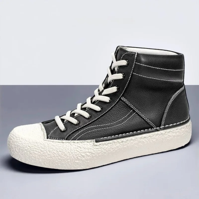 Designer Luxury Genuine Leather High Top Shoes Men's Concise Fashion Thick Sole Casual Outdoor Sport Platform Board Shoes Male