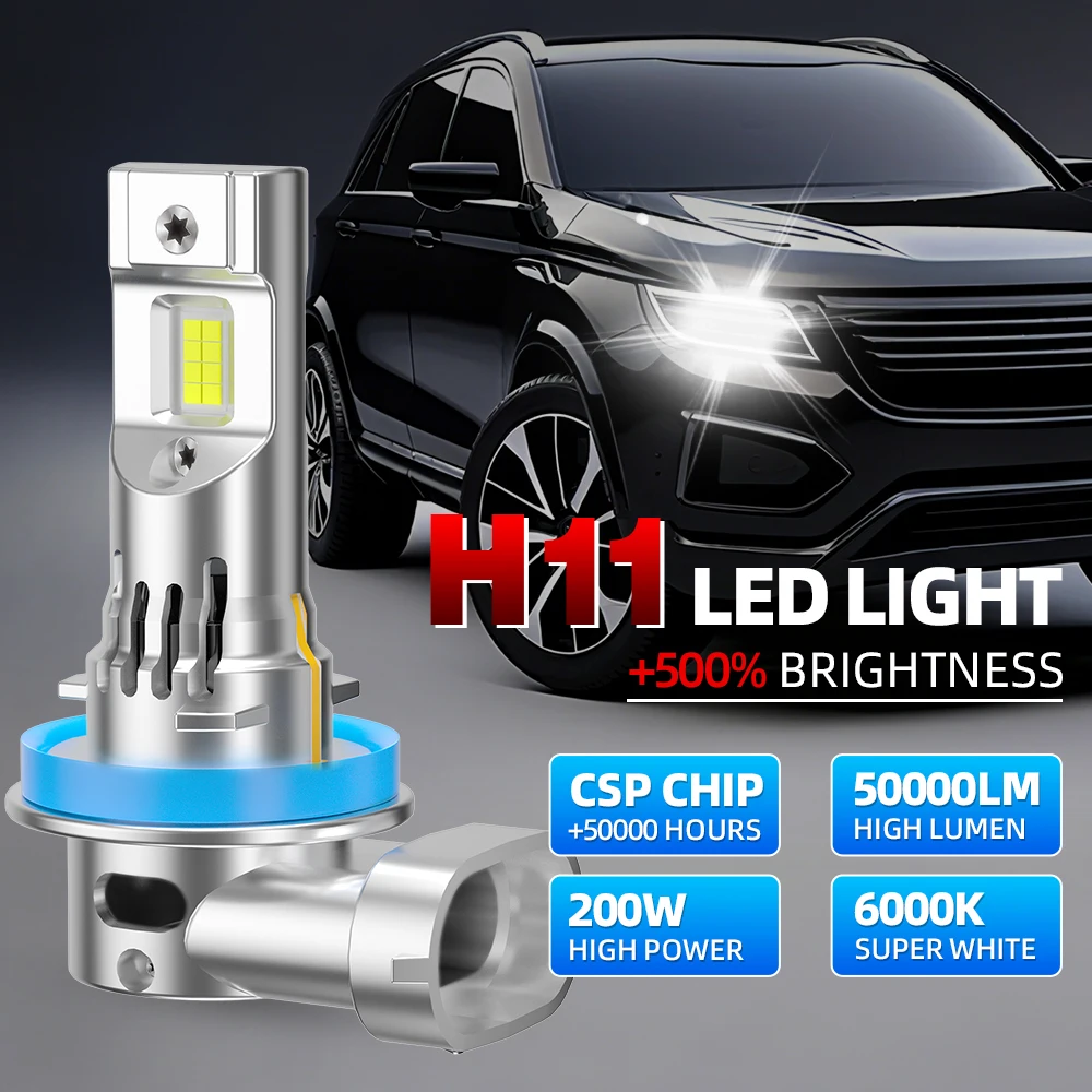 2x Żarówki LED H11 do reflektorów samochodowych CANBUS Chłodzenie wentylatorem 50000LM 200W Chip 3570 CSP Wewnętrzny sterownik Światło samochodowe 6000K Reflektor