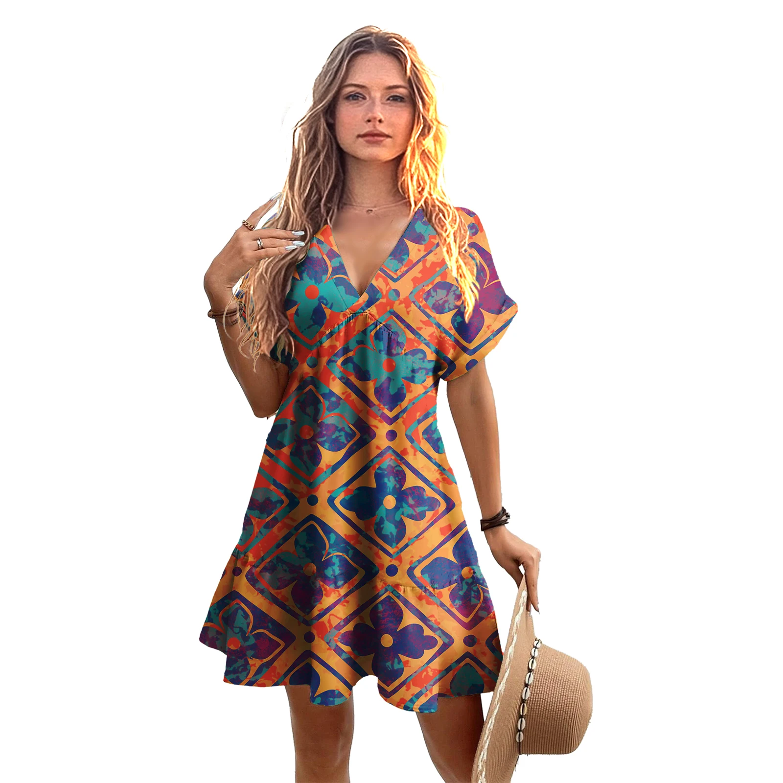 Upscale Creativity Casual Dresses V-Neck Ruffles Ladies Clothes Custom Hawaiian Hibiscus Print Design Women Elegant Short Dress