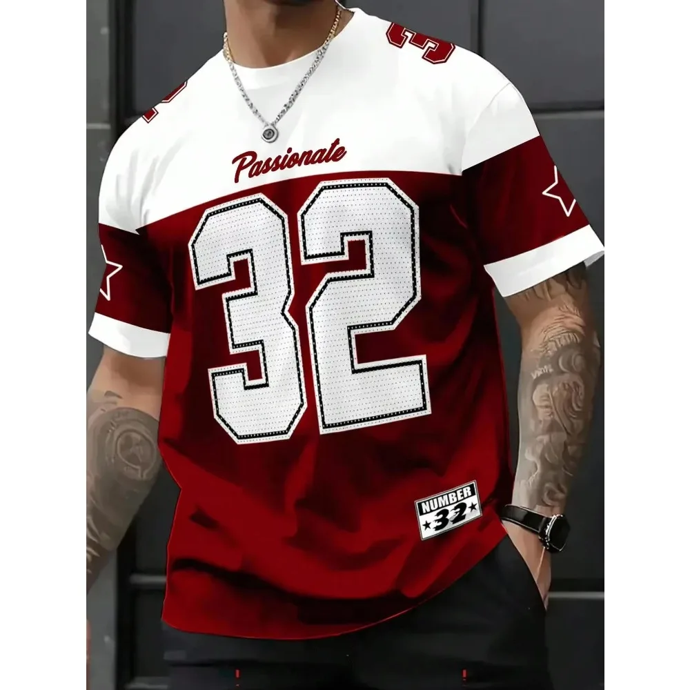 2026 New Passionale Number 32 Print T-shirt for Men Summer Daily Casual Short Sleeve Patchwork Tees Breathable Clothes Tops