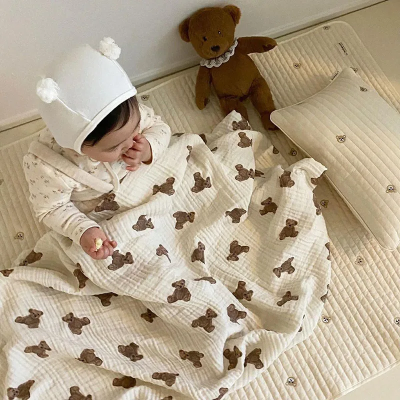 Baby Bath Towel 90cmX130cm Bear Print  Blanket  Muslin Breathable Baby Stroller Cover Infant Cotton Gauze Swaddle Wrap Bedding