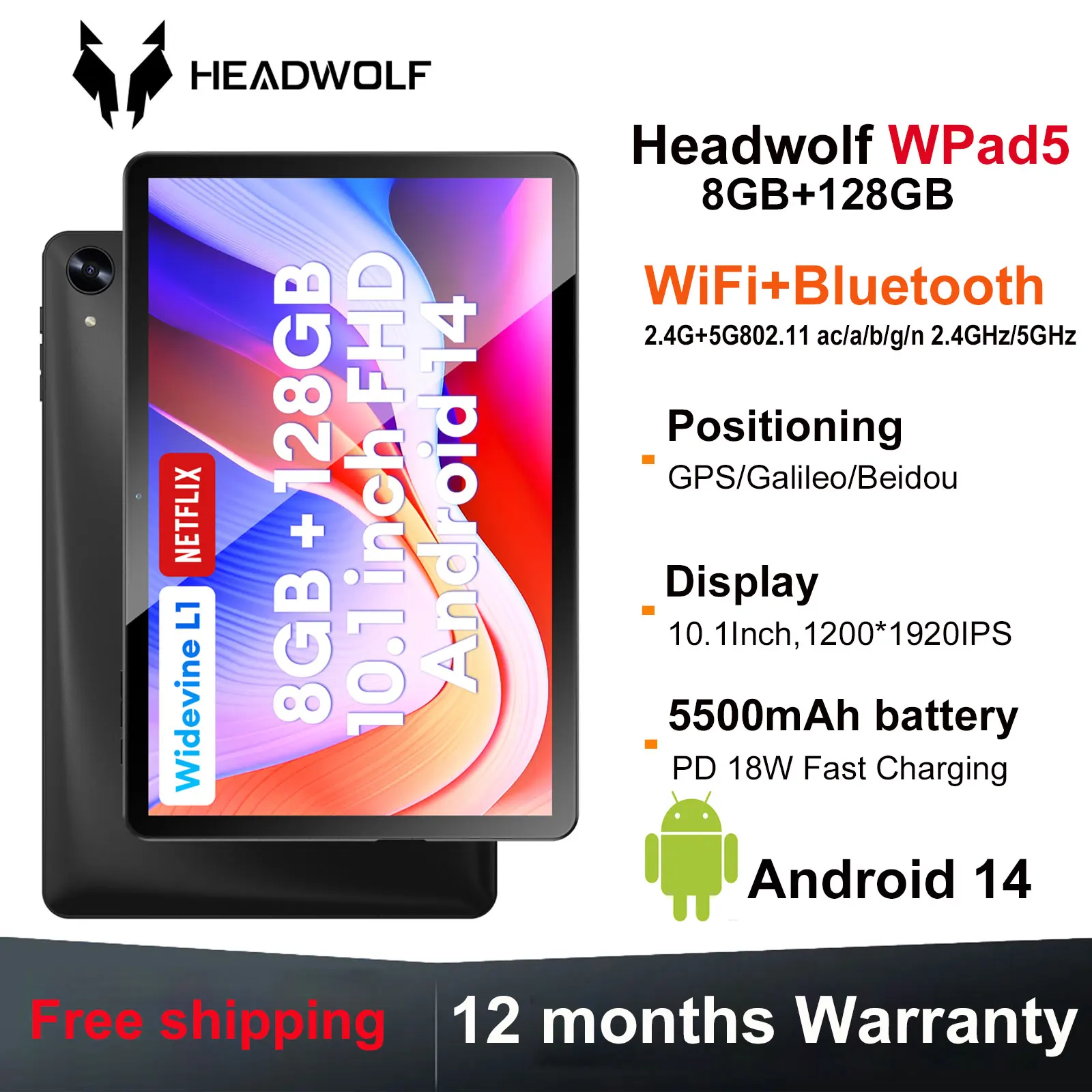 Headwolf WPad5 Android 14 Octa-core Tablet 10.1 inch 4+4GB RAM 128GB Rom 5500 mAh WIFI Tablet PC Support WideVine L1