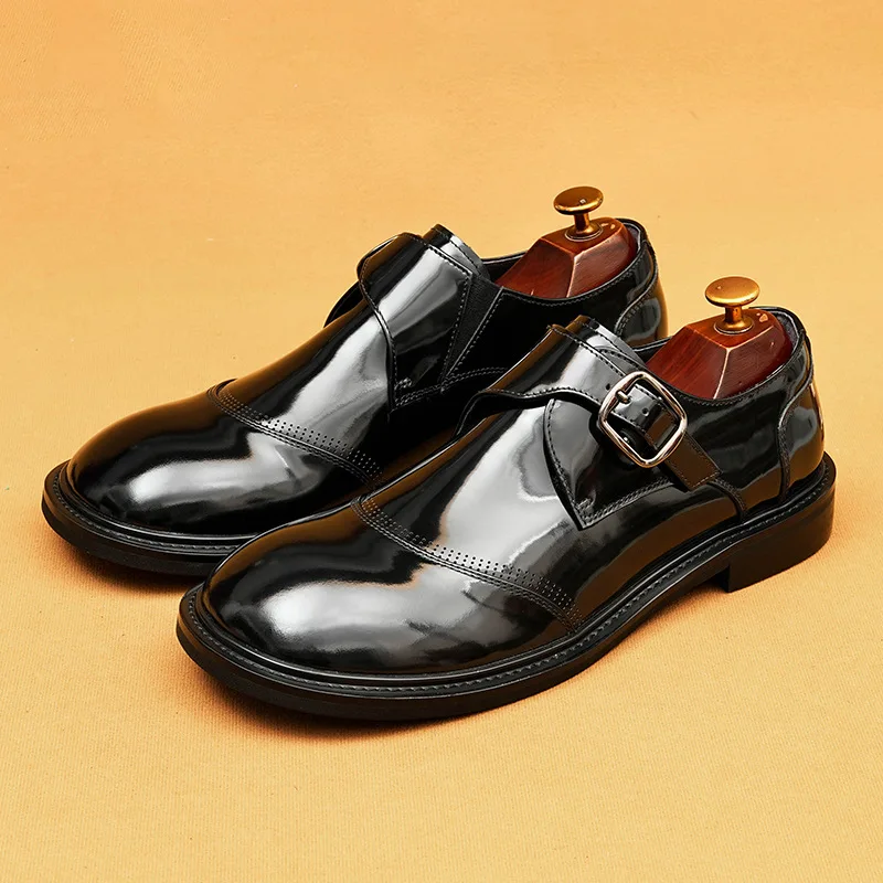 

Men's Shiny Leather Monk Strap Shoes | Business Casual Round Toe Loafers | Slip-On Dress Shoes with Chunky Sole Design