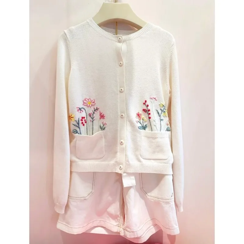 French Style Girls' Embroidered Floral Knit Cardigan – Cotton Cashmere Baby Round-Neck Versatile Top