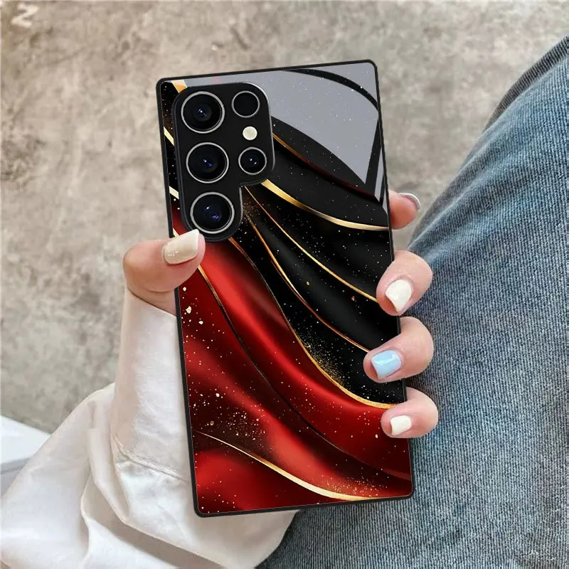 Golden line black glass phone case suitable for Samsung Galaxy S26 S25 S24 S23 S22 S20 FE/Ultra/Plus anti drop back cover