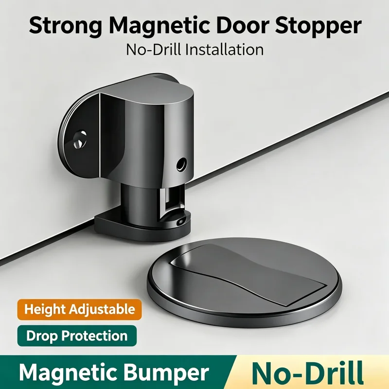 No Drill Magnetic Door Stopper, Adjustable Windproof Floor Door Catch, Strong Magnet Door Holder Anti-collision Buffer for Bathr