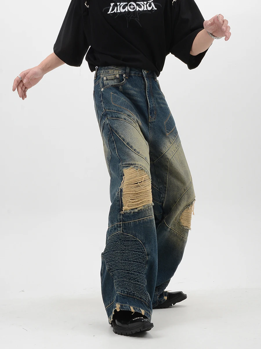 Schwere Vintage Wasch jeans zerrissen drei dimensionale gerade Hosen geschnitten Männer