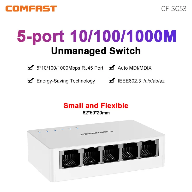 

COMFAST 5 ports Gigabit Ethernet Switch 2K Auto MDI/MDIX 1000Mbps High Speed Transmission IEEE 802.3x Portable Plug&Play Switch