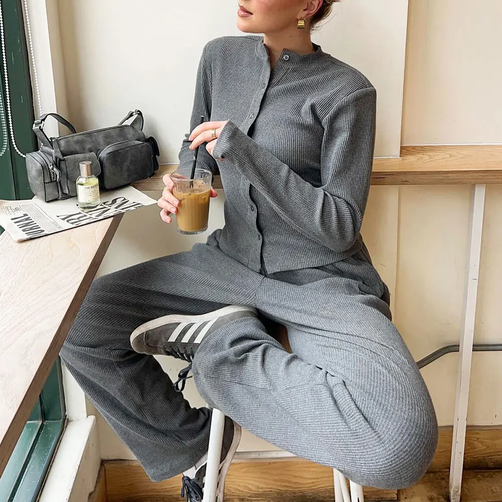 패셔너블한 단색 버튼업 긴팔 상의와 바지 여성 세트 가을 겨울 신상 우아한 출퇴근룩