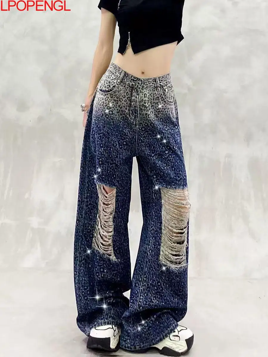 Gradient Color Leopard Print Ripped Jeans Perforated Holes Spring New Style High-waisted Loose Versatile Straight Wide-leg Pants
