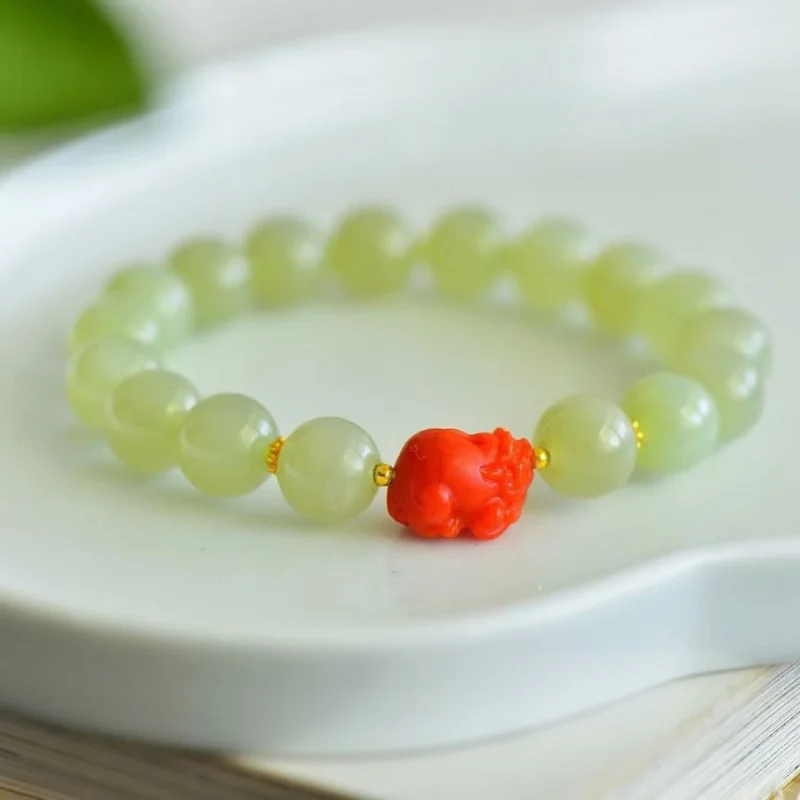 

Натуральный нефрит Хэтянь Цинхай материал 10 мм круглый браслет из бисера красный Pixiu кулон аксессуары