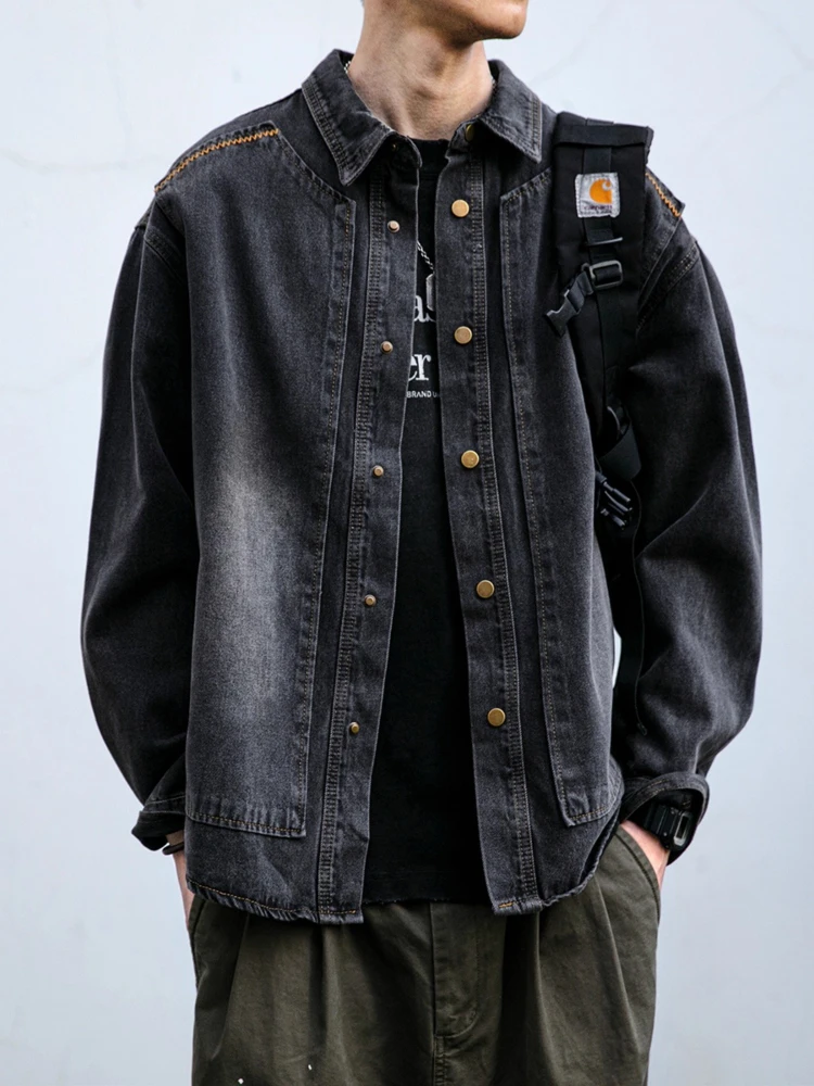 

Men's Japanese Vintage Washed Denim Shirt Jacket Spring Autumn Utility Cargo Jacket Oversized Casual Shirt Jeans Outerwear