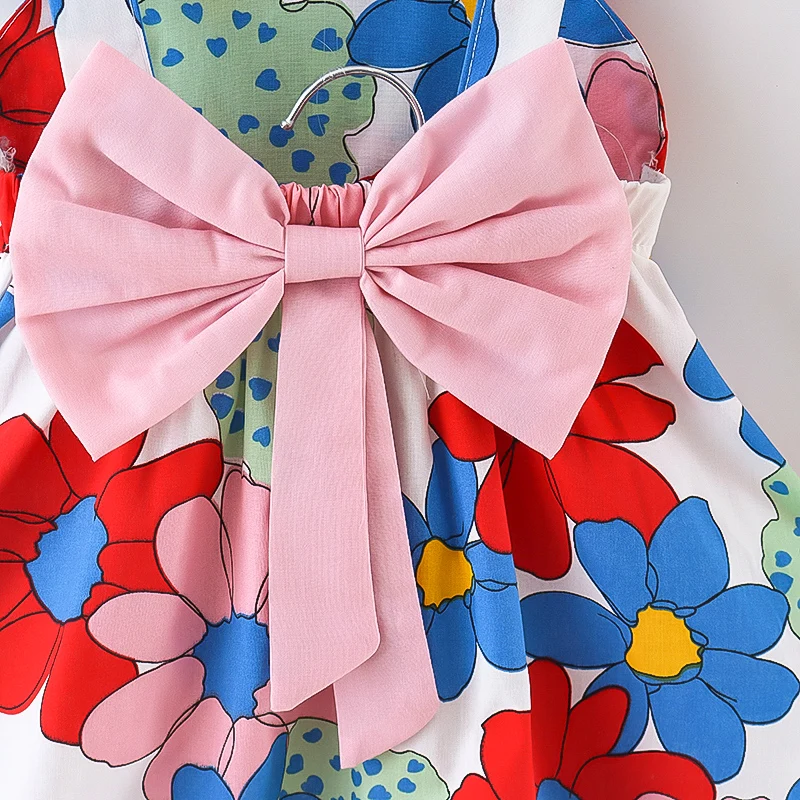 Summer dress and hat two-piece set for girls with irregular flowers big bow cute and stylish suspender dress