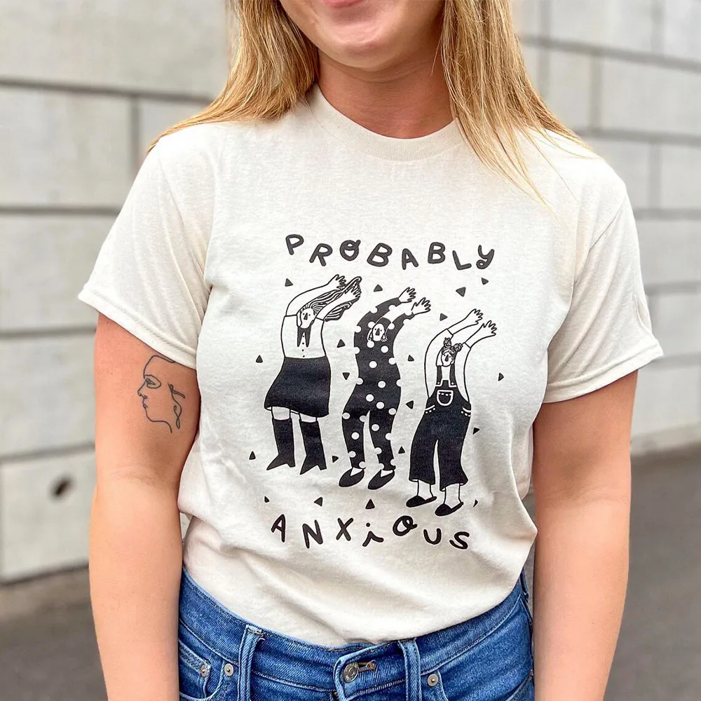 Probably Anxious Cartoon Printing Female Humor T Shirts Summer Khaki Short Sleeve 100% Cotton Tops Tumblr Fashion Aesthetic Tees