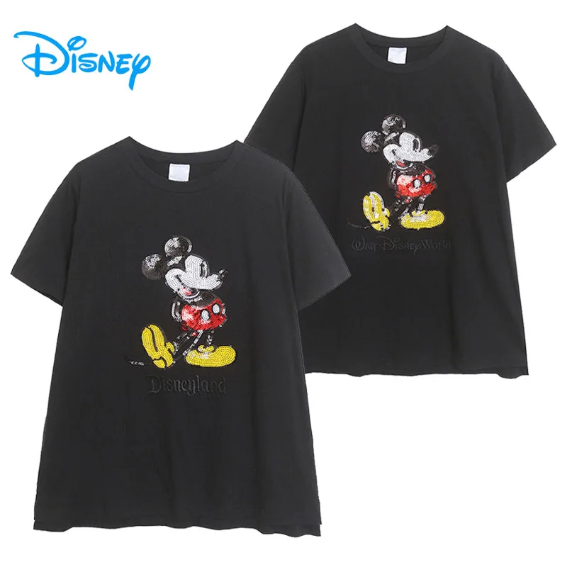 

Disney Mickey Mouse Sequin T Shirt O Neck Short Sleeve Cartoon Tee Disneyland Letter Embroidery Women Casual Loose Tshirt Top