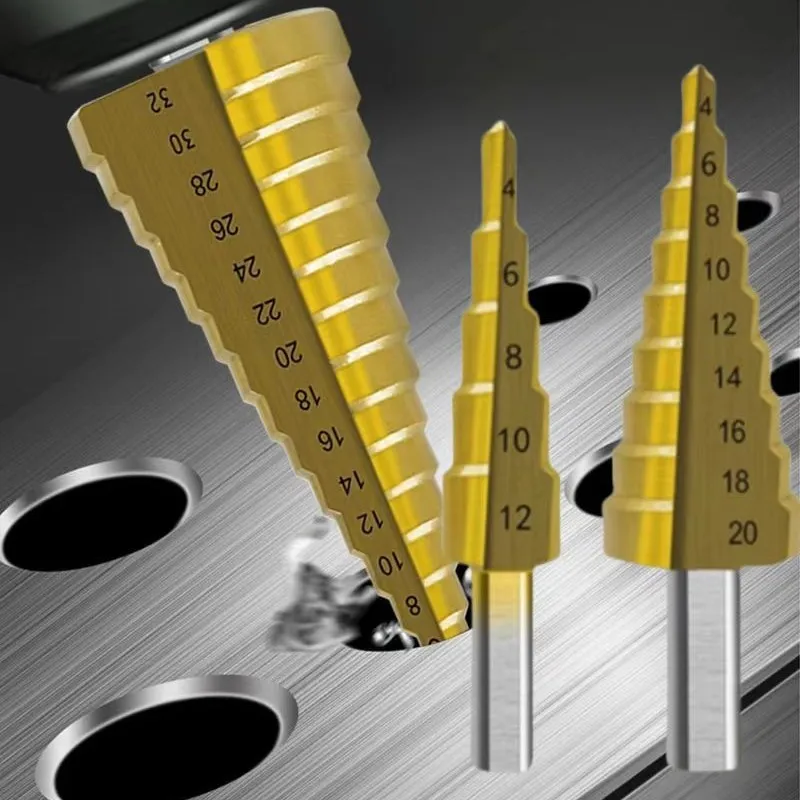 

High speed steel 4-12/4-20/4-32mm hexagonal shank straight groove titanium plated step drill set, three piece set, pagoda drill