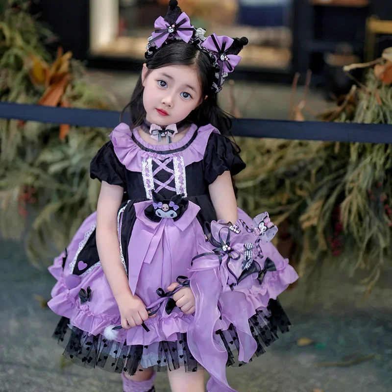 Sanrio Cosplay Kuromi Lolita Princess Dress Summer Children's Costume Halloween Dress Puffy Skirt Suit Birthday Kawaii Gift