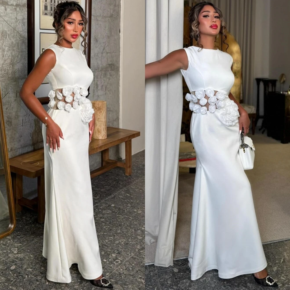 

Customized Graceful Crew Neck Evening Dress and Exquisite Satin Special Occasion Gowns and Delicate Flowers Celebrity Gowns