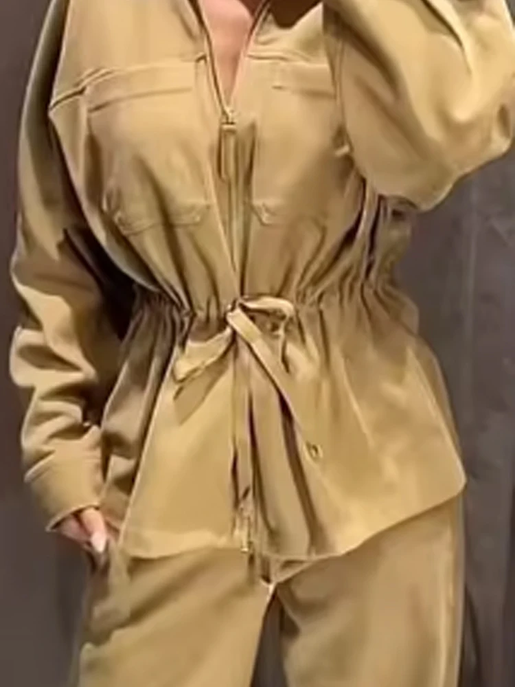 Cozy Solid Drawstring Coat Set Women Lapel Zipper Coats High-waisted Lace-up Pants Sets 2026 Spring Lady Commute Office Outfit