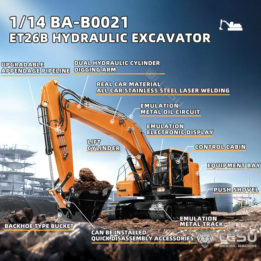 LESU Aoue ET26L RC Koparka hydrauliczna 1/14 Metalowa 2-ramienna koparka ze światłami Zdalnie sterowana malowana zmontowana zabawka model TH23047