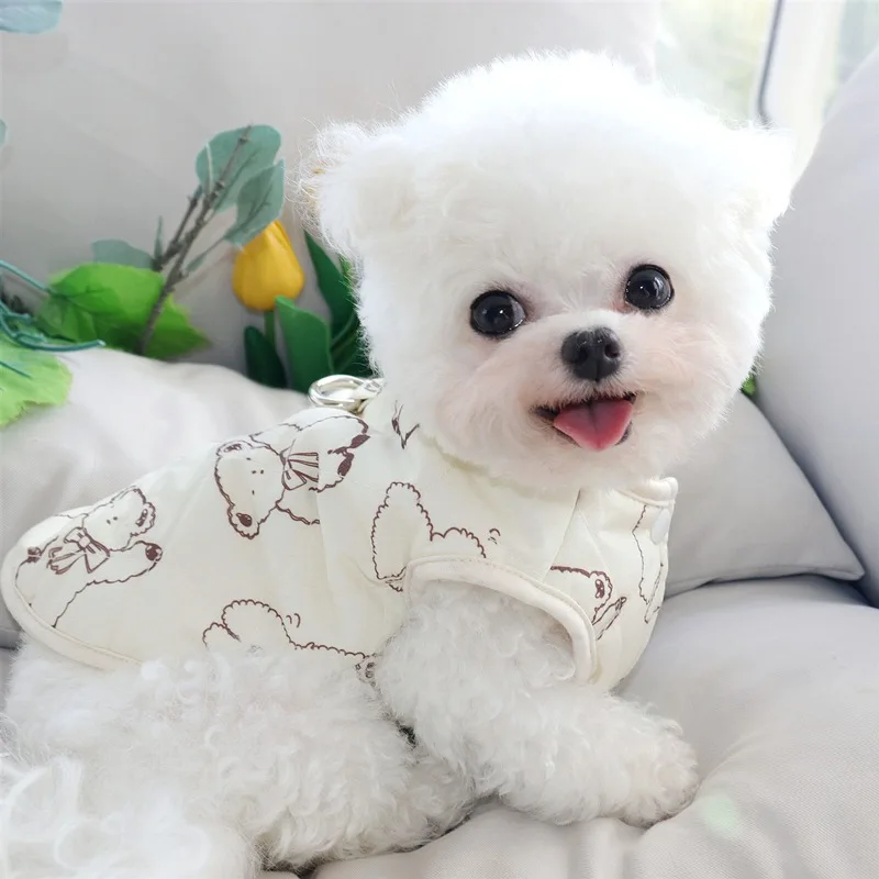 Winter Teddy Cotton Clothes Pet Warm Clothes Thickened Teddy Vest Bichon Full Print Bear Down Jacket Puppy Cute Open Button Shir