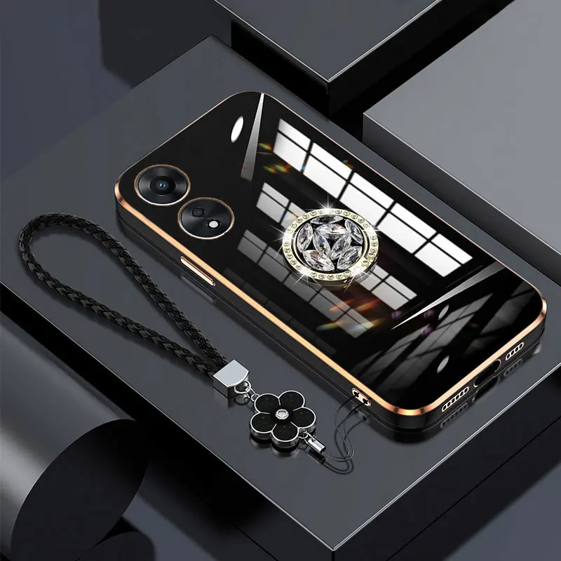 A98 5G Case with Lanyard,Luxury Diamond Holder Case For OPPO A98 A78 A77 A57S A17 A17k Reno10 pro 5G Cover Cases A 98 Stand Ring