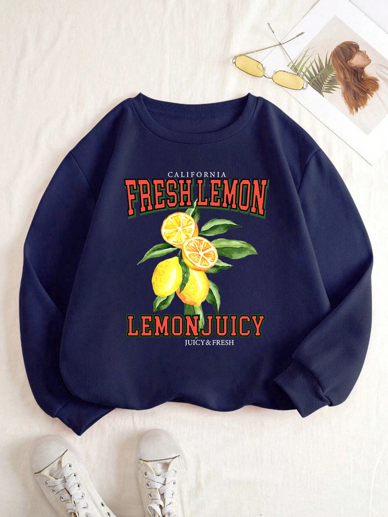 

Street Men Woman Pullovers Fresh Lemon Printing Sweatshirts Comfortable Crewneck Fleece Hoodies Autumn Casual Couple Clothes