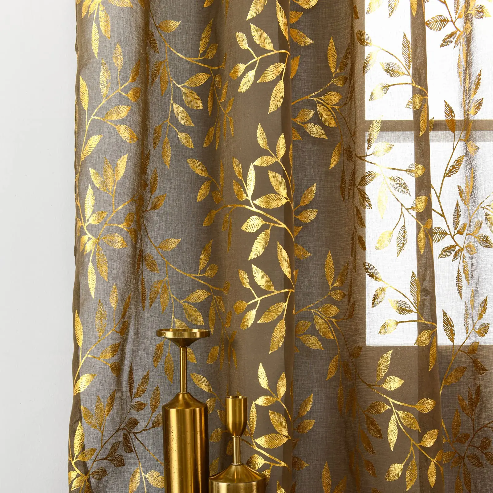 Taupe Brown Gold Foil Print Metallic Leaves Window Sheer Curtains for Bedroom, Decor Privacy Golden Drapes Pair, Rod Pocket