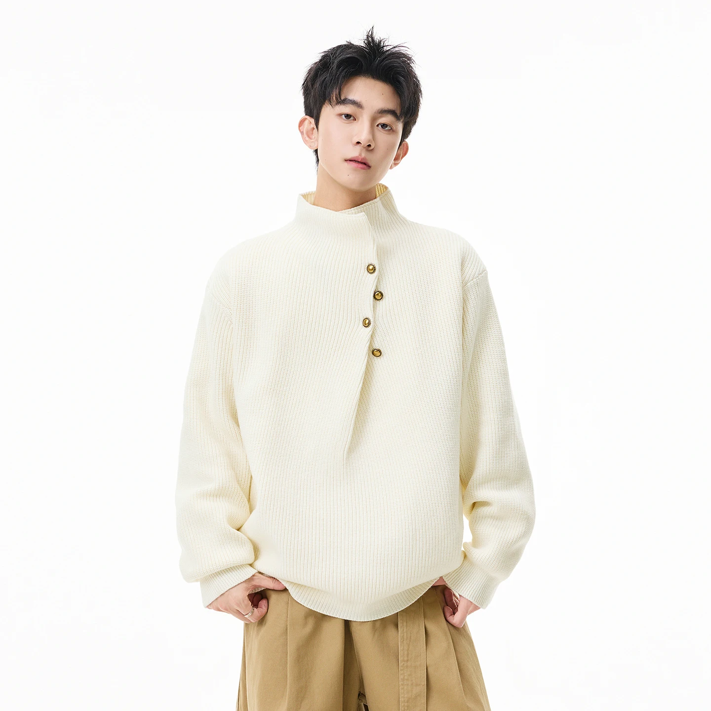 Autumn Winter New Men's Button Design Half High Collar Black Red Knitted Sweater Men's Loose Casual Light Gray White Sweater