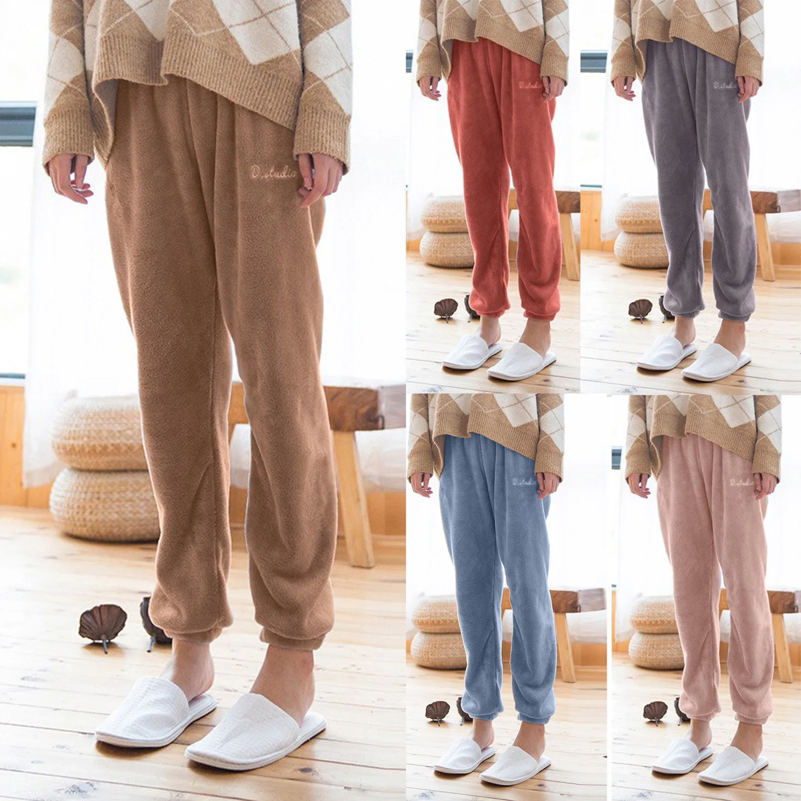 

Autumn Winter Coral Fleece Pajama Pants Lady Leisure Solid Color Elastic Waist Trousers Flannel Warm Thick Loose Home Pants