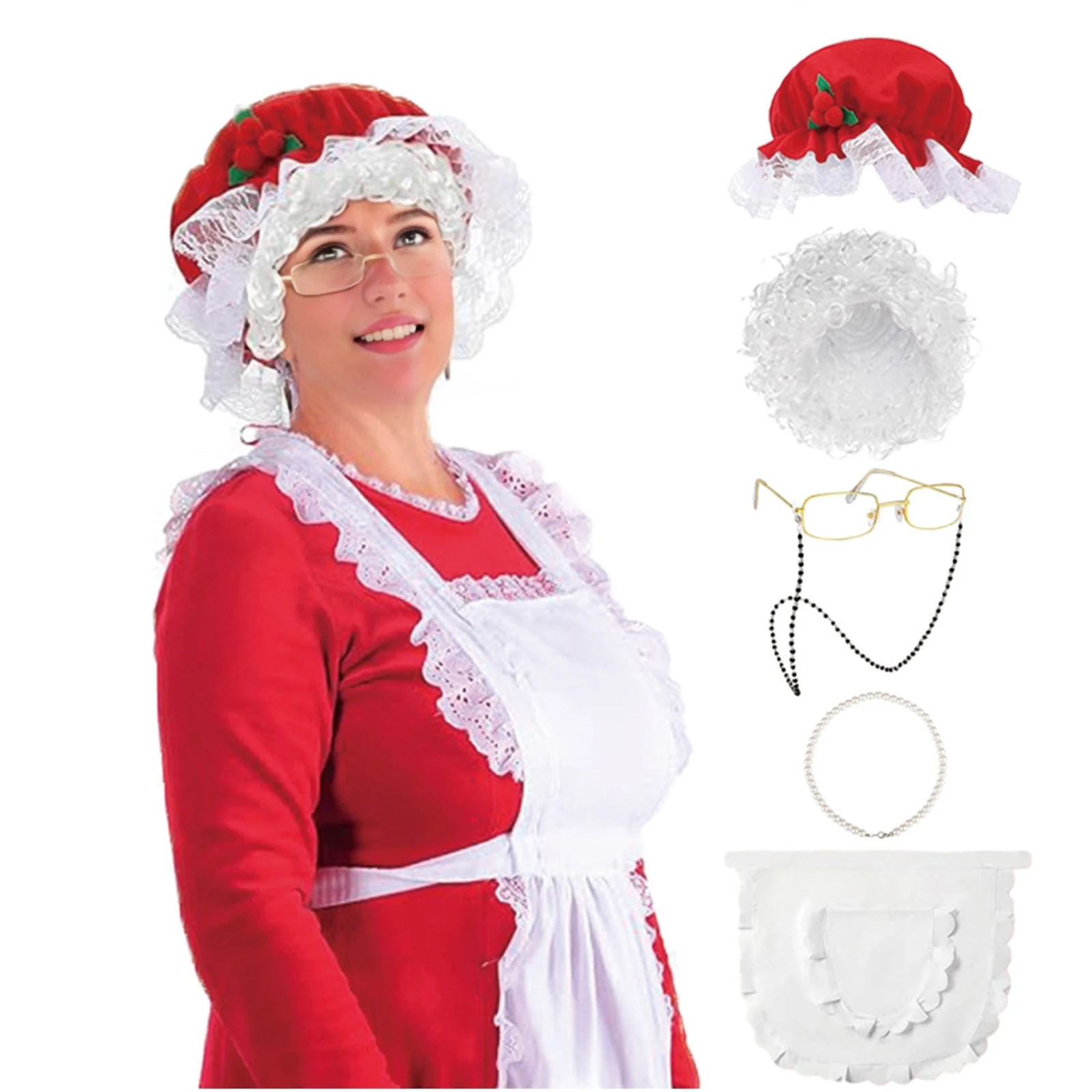 مجموعات أزياء النساء العجوز لعيد الميلاد السيدة كلوز لنظارات الشعر المستعار ومئزر شبكي للشعر وما إلى ذلك لأزياء كلوز التنكرية #2