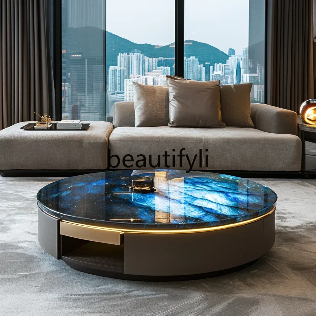 

G Round leather luminous luxury stone coffee table modern living room marble villa home