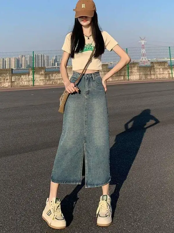 

Slimming Midlength Denim Skirt High Waist Emo Sle Women's Spring Cleanfit Cotton PVC Fabric Ciwalk Batwing pe Skirt