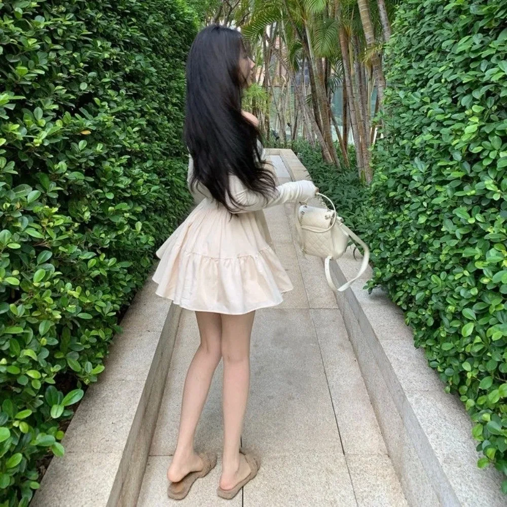 

Французское элегантное платье с длинными рукавами, облегающее, легкое, с воротником, в корейском стиле, повседневное, А-силуэт, короткое, для клуба