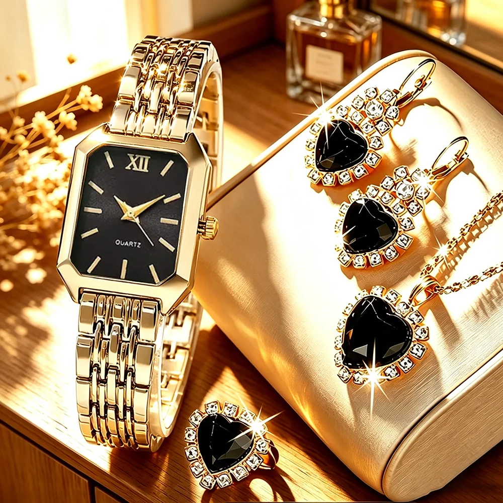 5-piece women's elegant casual watch set, unique rectangular dial design quartz bracelet watch, paired with heart-shaped jewelry