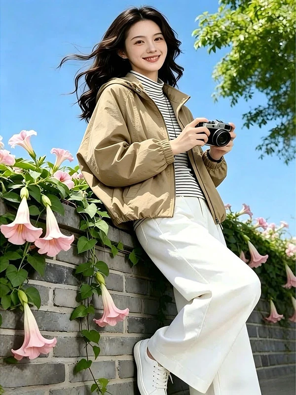 Premium Short Women's Jacket Double Layer Stand Collar Windproof Casual Spring Autumn New Style Small Size Double Layer Jacket
