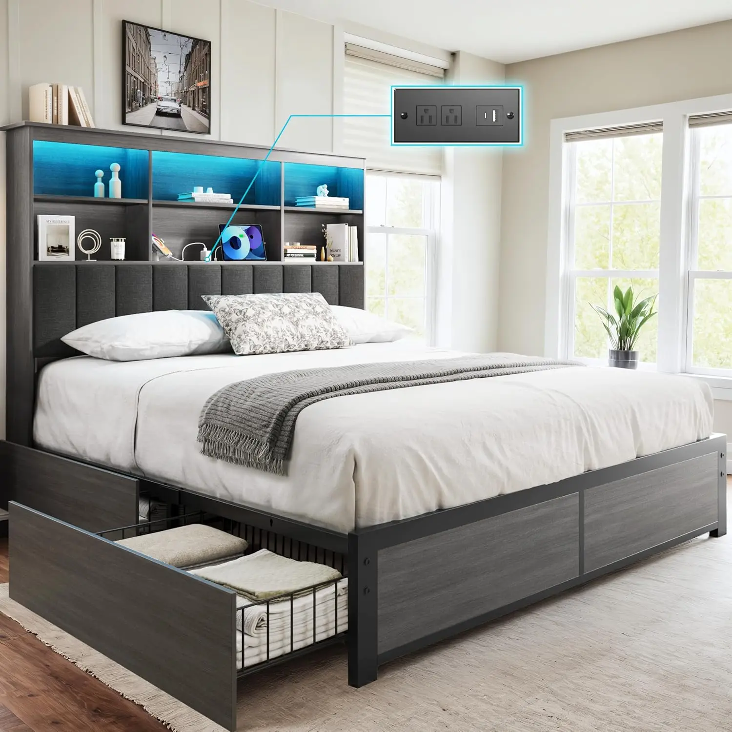 Queen Bed Frame with Storage Headboard, Wood Bed with High Storage Bookcase, 4 Drawers & LED & Charging Station,No Box Spring Ne
