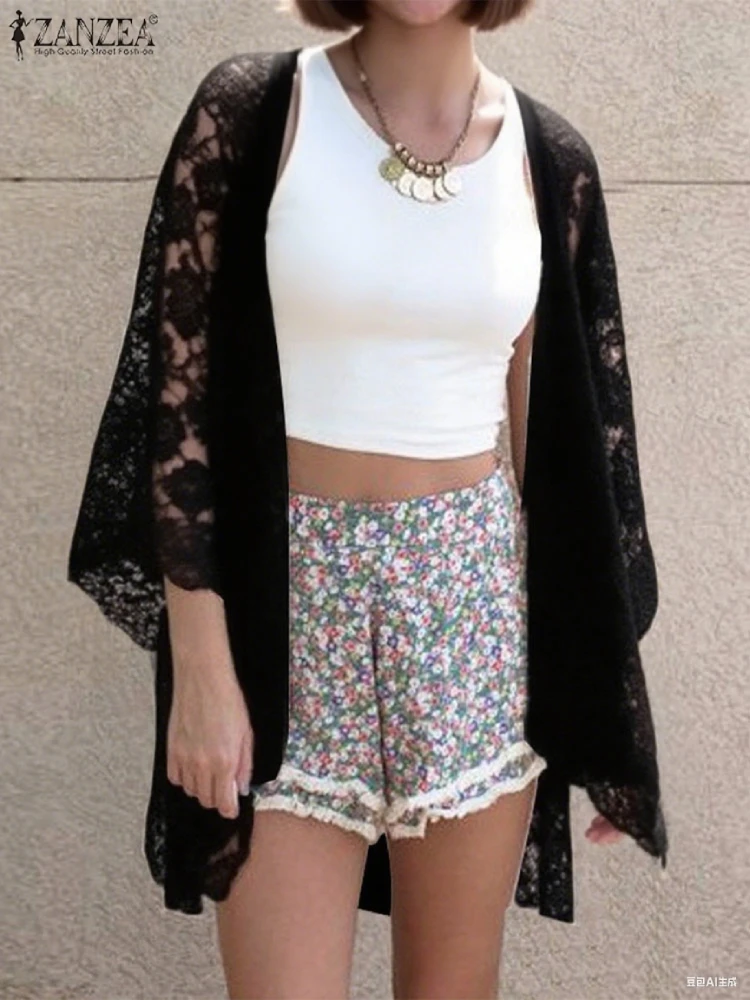 

2025 Women Summer Blouse Beach Holiday Cardigans ZANZEA Stylish 3/4 Sleeve Shirt Casual Lace Embroidered Beach Tops Blusas Mujer