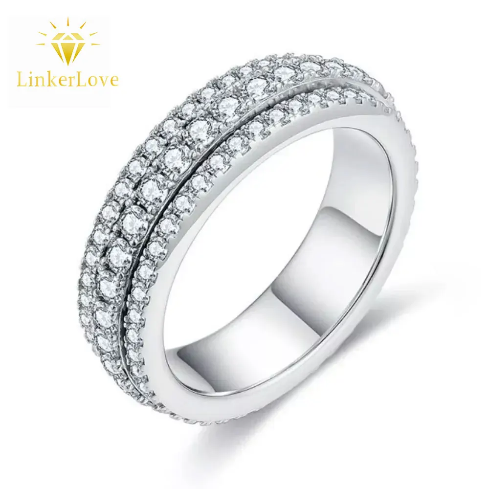 LinkerLove S925 Silver Eternity Moissanite Rotatable Wedding Band Stackable 3 Row Ring Anniversary Gift for Women Luxury Jewelry
