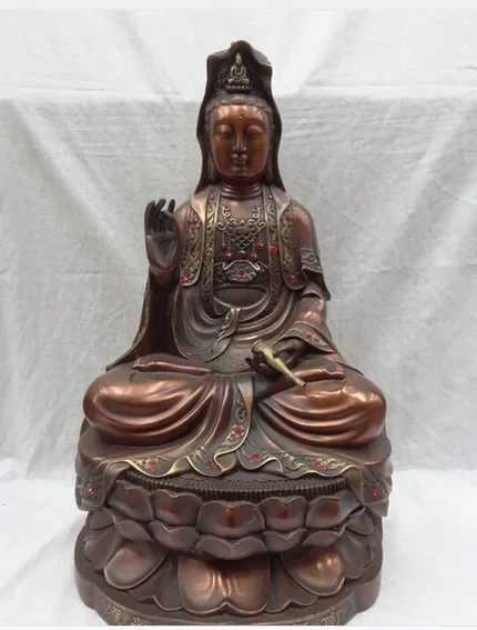 

19" Chinese Pure Bronze Buddhism Lotus Kwan-Yin GuanYin Bodhisattva Pot Statue