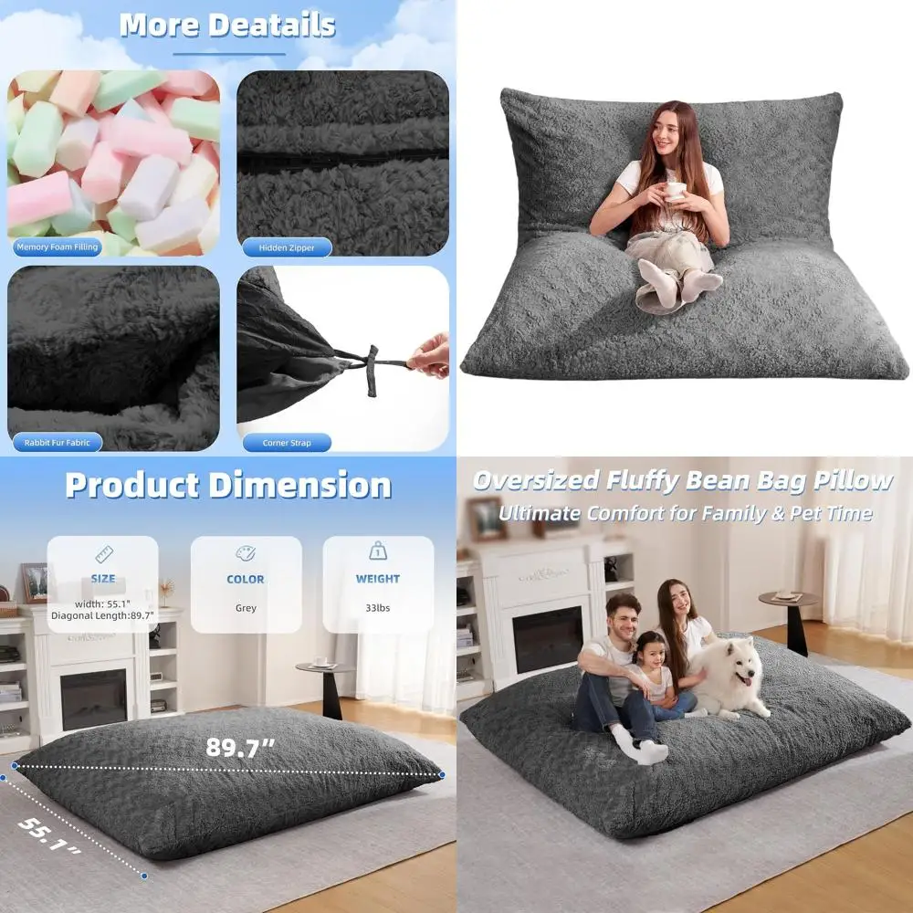 كرسي بين باج من إسفنج الذاكرة باللون الرمادي للبالغين - أريكة عملاقة مع غطاء من الفرو الصناعي قابل للغسل في الغسالة #1